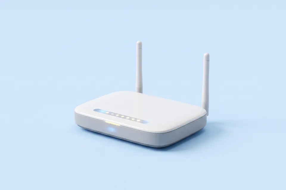 Белый Wi-Fi роутер с двумя антеннами на голубом фоне